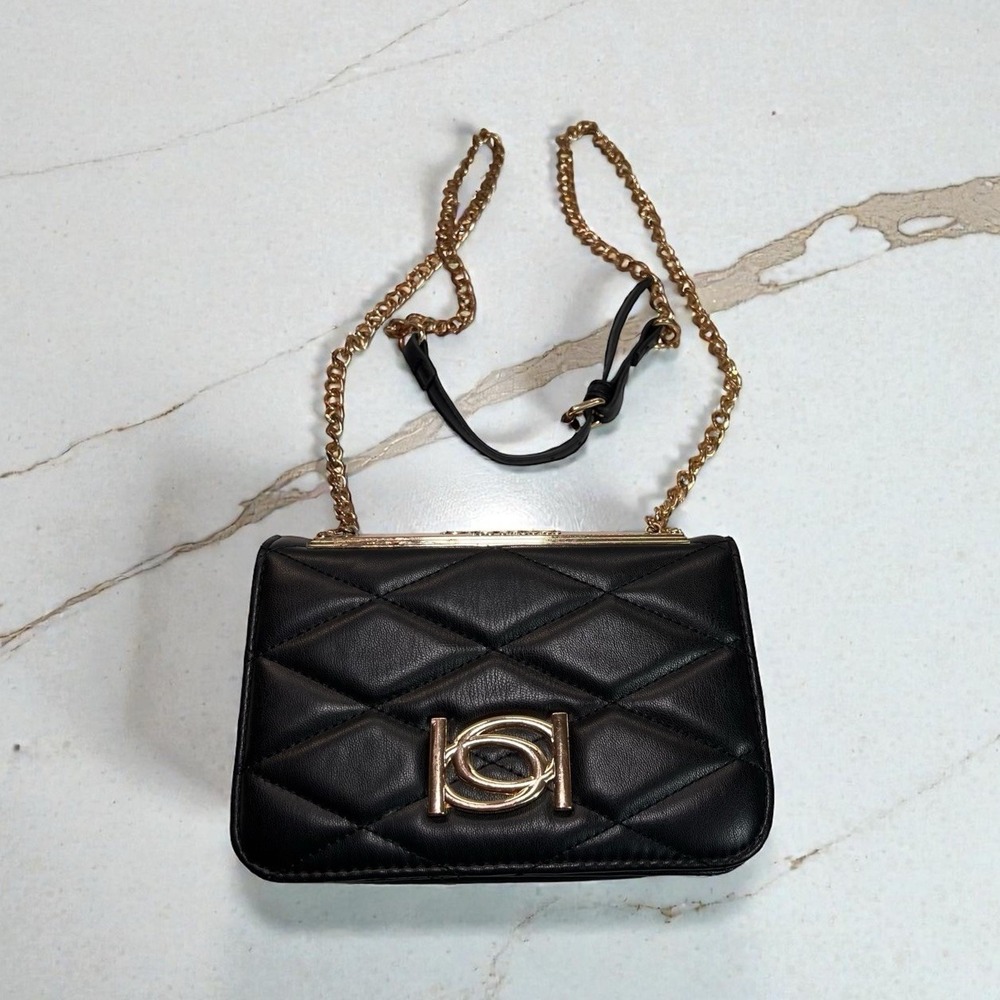 BEBE Purse Black ABIGAIL Crossbody Handbag Faux Cocktail Party Gold Chain Link *